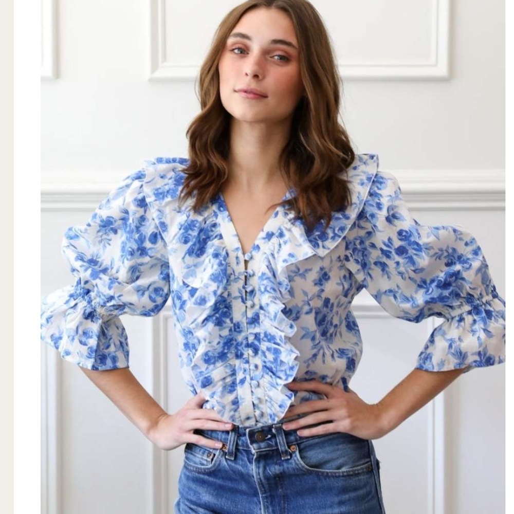 Blue Floral Ruffle Front Blouse